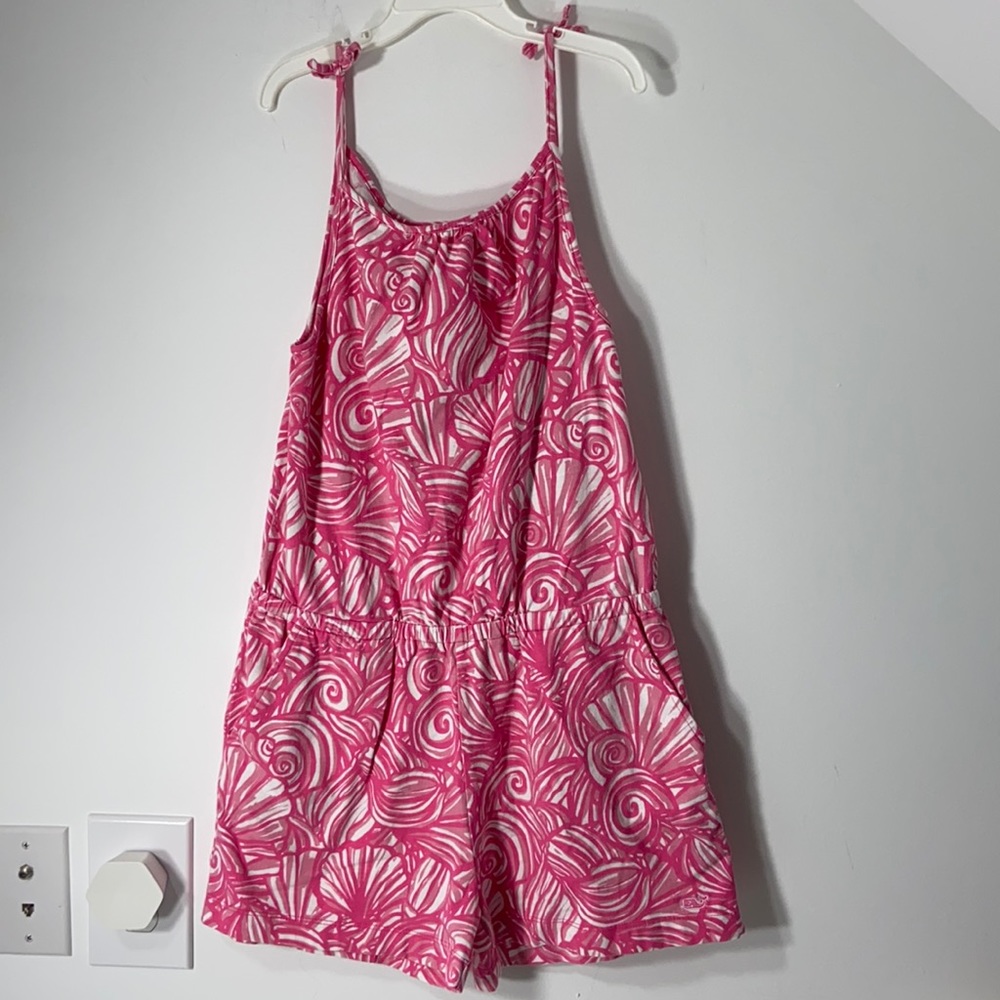SZ 14 / L VGUC VINEYARD VINES PINK ROMPER TIE SHOULDER POCKETS SUMMER PREPPY